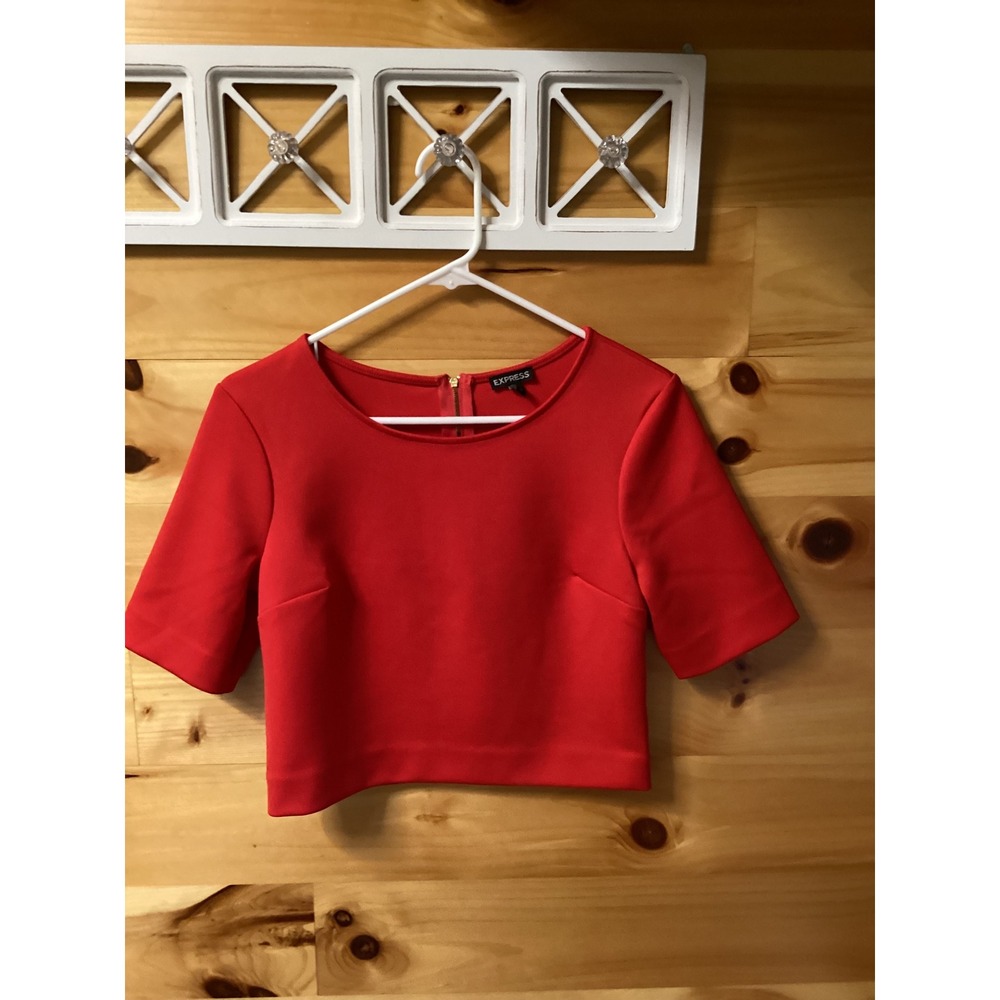Express Red Scuba Knit Crop Top Short Sleeve Gold Back Zip Women's Small